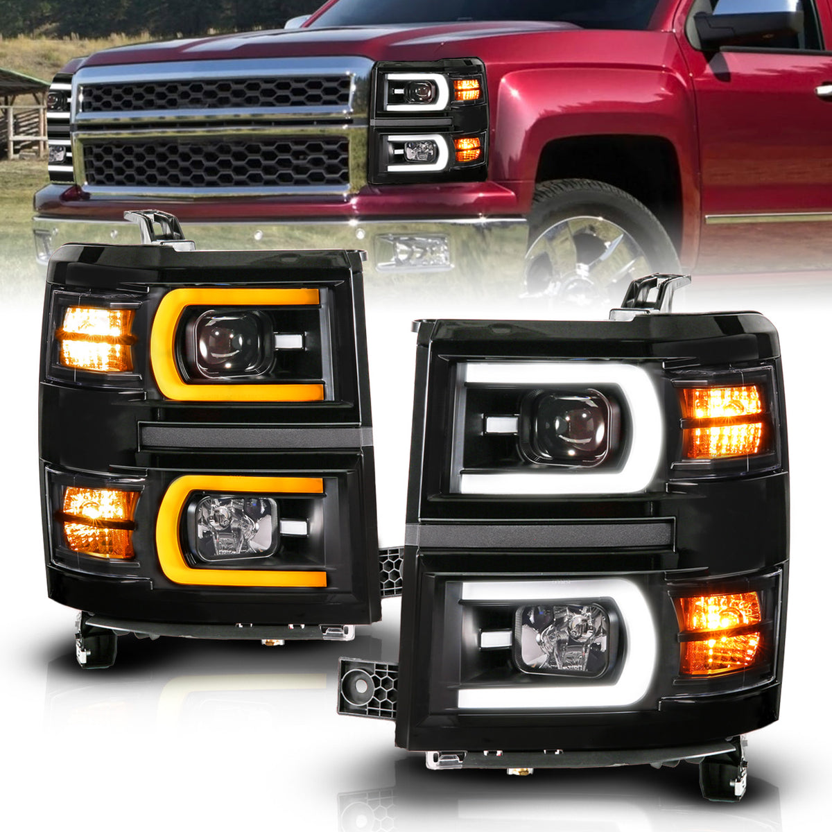 Black Housing Dual Switchback+Sequential LED Tube Square Projector Headlights For 2014-2015 Chevrolet Silverado 1500 111617