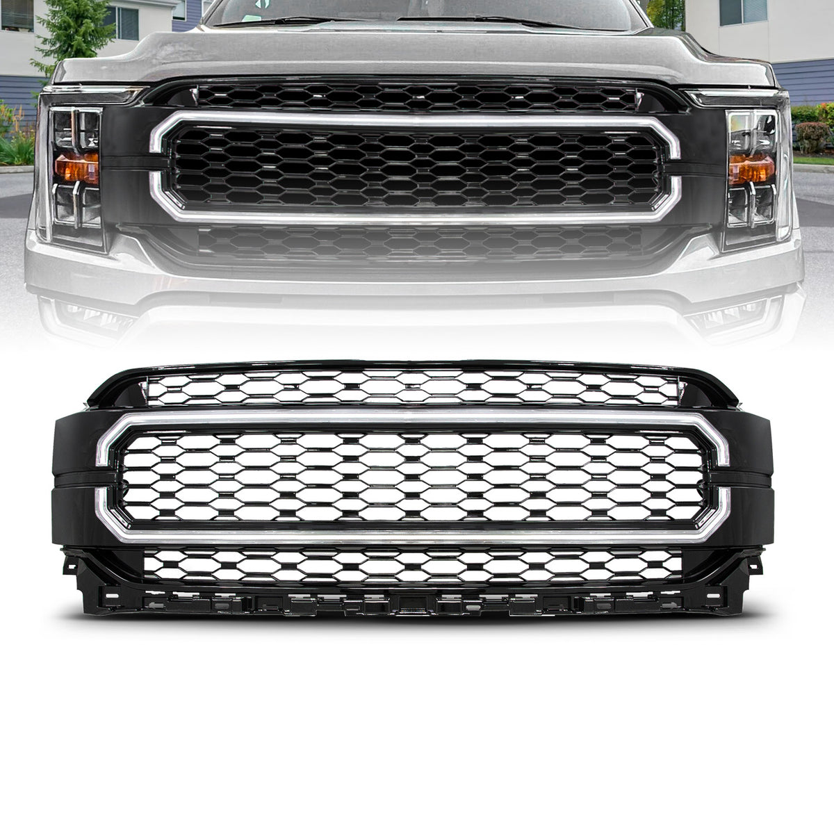 Black Housing Full LED Front Grille with Initiation and Running Light/DRL For 2021-2023 Ford F-150 901029