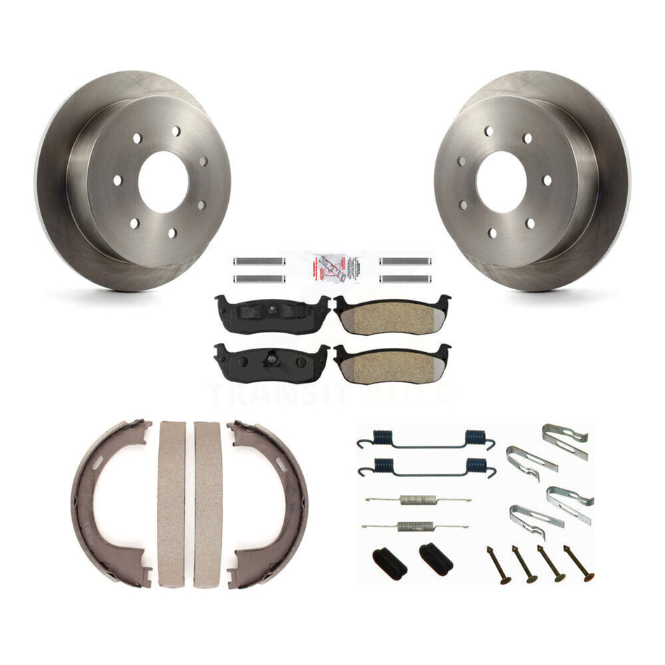 Rear Disc Rotors Semi-Metallic Pads Parking Brake Shoes Hardware Kit For Ford F-150 F-250 K8A-108770