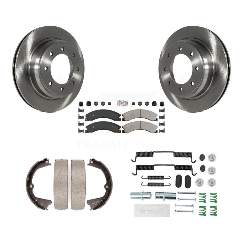 Rear Disc Rotors Semi-Metallic Pads Parking Shoes & Hardware Kit For Nissan NV2500 NV3500 K8A-109002