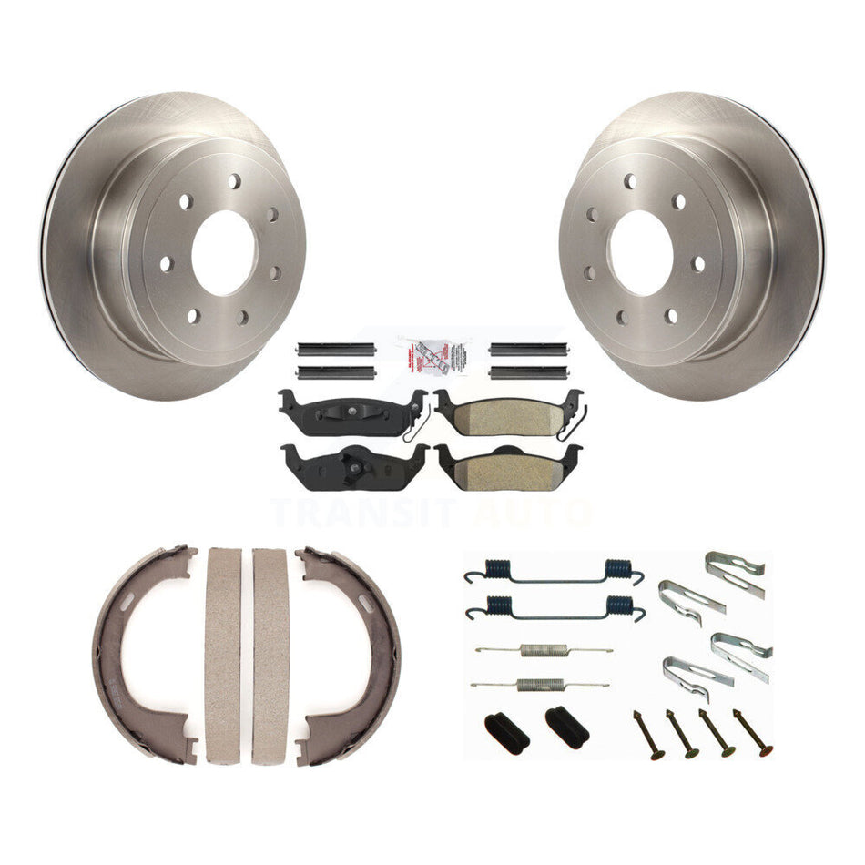 Rear Disc Rotors Semi-Metallic Pads Parking Shoes Hardware Kit For Ford F-150 Lincoln LT K8A-109102