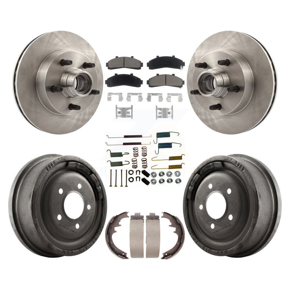 Front Rear Disc Brake Rotors Hub Assembly Ceramic Pads And Drum Kit (7Pc) For 1998-1999 Mazda B4000 RWD with 4-Wheel ABS With 10" Diameter K8C-102752