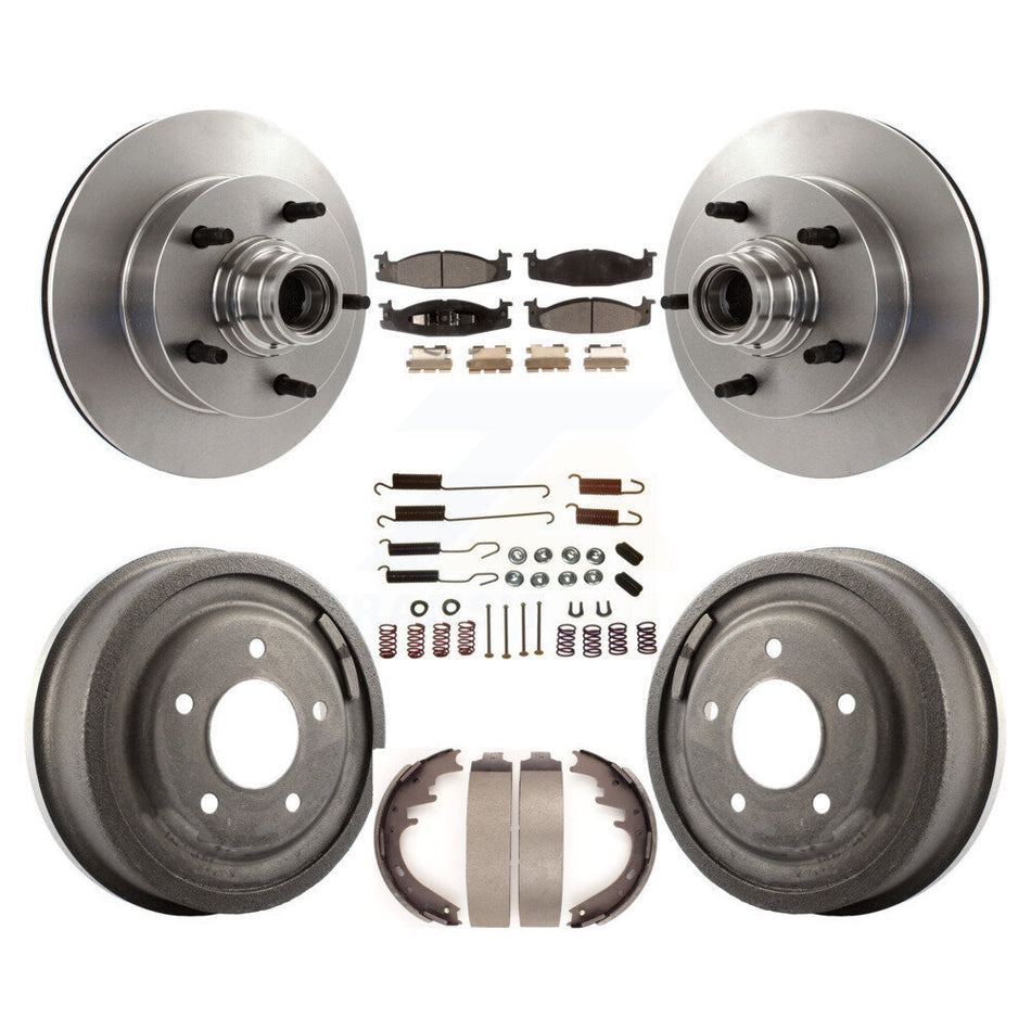 Front Rear Disc Brake Rotors Hub Assembly Semi-Metallic Pads And Drum Kit (7Pc) For 1997-1999 Ford E-150 Econoline 2-Wheel ABS K8F-102165