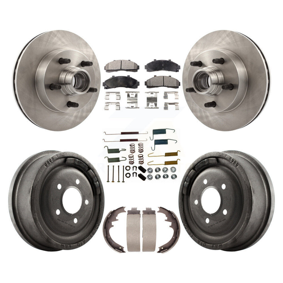 Front Rear Disc Brake Rotors Hub Assembly Semi-Metallic Pads And Drum Kit (7Pc) For 1998-1999 Mazda B4000 RWD with 4-Wheel ABS With 10" Diameter K8F-102178