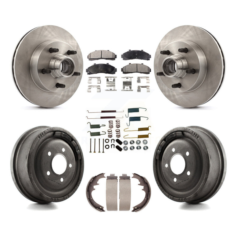 Front Rear Disc Brake Rotors Hub Assembly Semi-Metallic Pads And Drum Kit (7Pc) For 1998-1999 Mazda B4000 RWD with 4-Wheel ABS With 10" Diameter K8F-102178