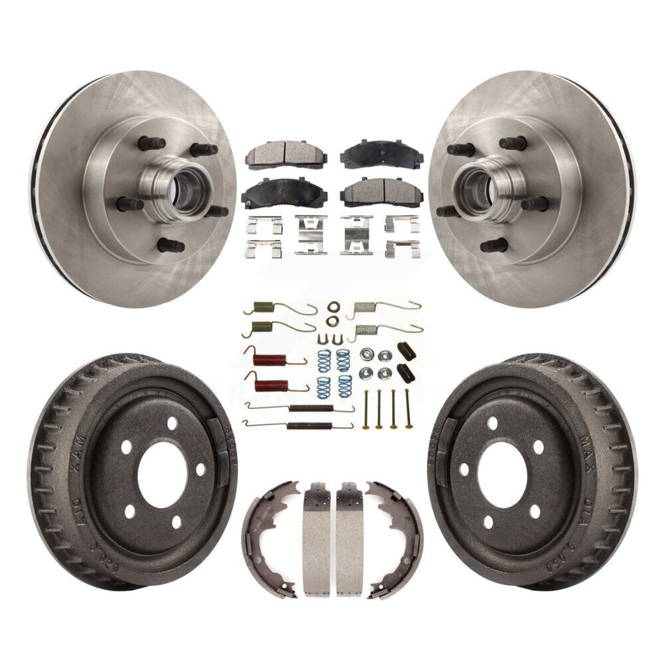 Front Rear Disc Brake Rotors Hub Assembly Semi-Metallic Pads And Drum Kit (7Pc) For 1998-1999 Mazda B4000 RWD with 4-Wheel ABS With 9" Diameter K8F-102179