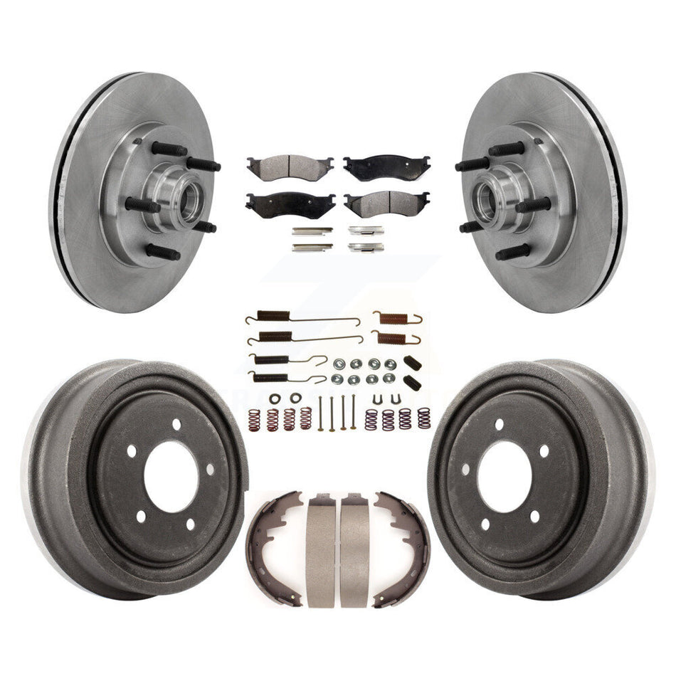 Front Rear Disc Brake Rotors Hub Assembly Semi-Metallic Pads And Drum Kit (7Pc) For 1999 Ford F-150 RWD With 5 Lug Wheels 14mm Wheel Lugs K8F-102258
