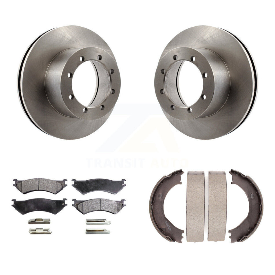 Rear Disc Rotors Semi-Metallic Pads And Parking Brake Shoes Kit For Ford E-350 Super Duty K8F-104655