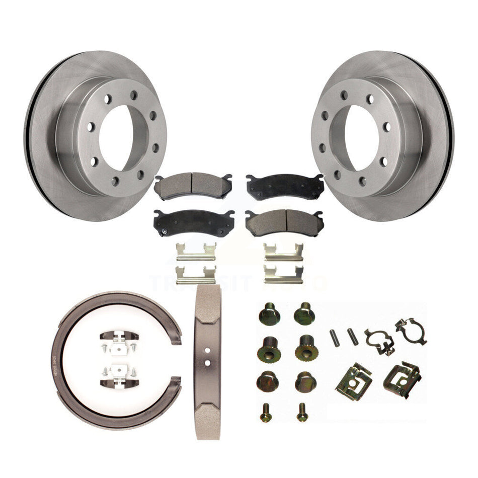 Rear Disc Rotors Semi-Metallic Pads Parking Brake Shoes Hardware Kit For GMC Sierra 2500 K8F-105406