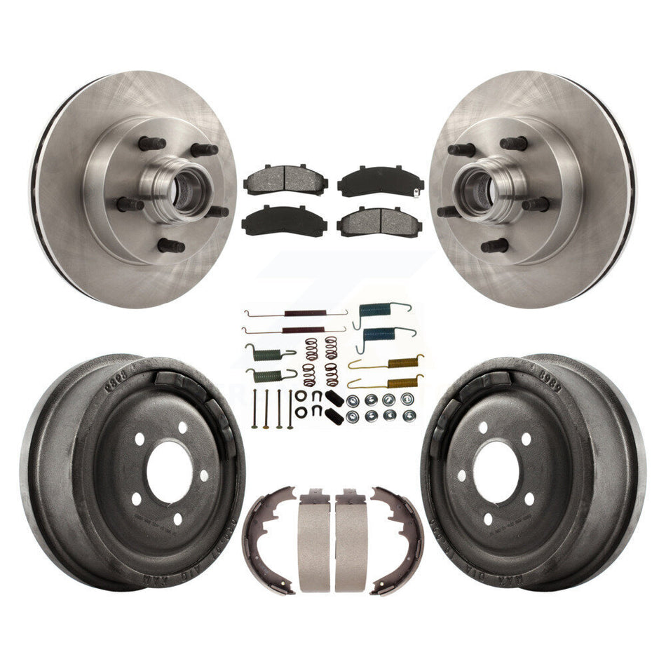 Front Rear Disc Brake Rotors Hub Assembly Semi-Metallic Pads And Drum Kit (7Pc) For 1998-1999 Mazda B4000 RWD with 4-Wheel ABS With 10" Diameter K8S-102204