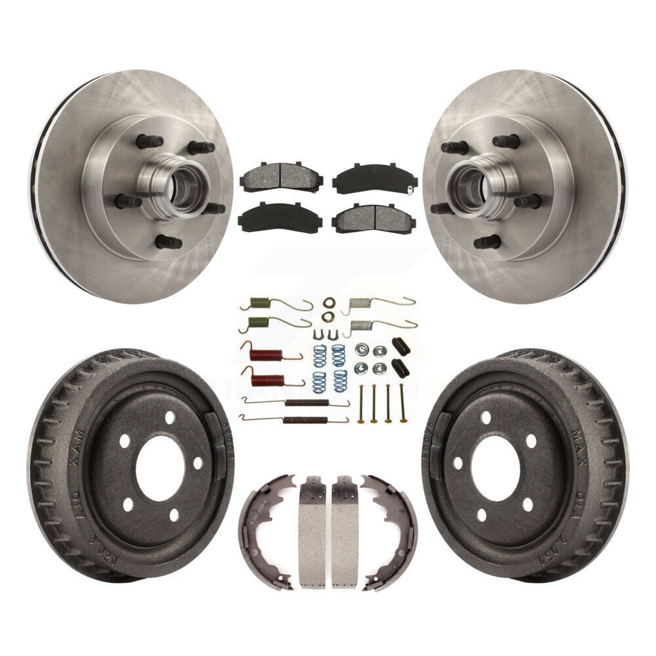 Front Rear Disc Brake Rotors Hub Assembly Semi-Metallic Pads And Drum Kit (7Pc) For 1998-1999 Mazda B4000 RWD with 4-Wheel ABS With 9" Diameter K8S-102205