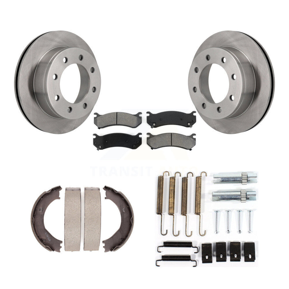 Rear Disc Rotors Semi-Metallic Pads Parking Brake Shoes Hardware Kit For GMC Sierra 3500 K8S-104808
