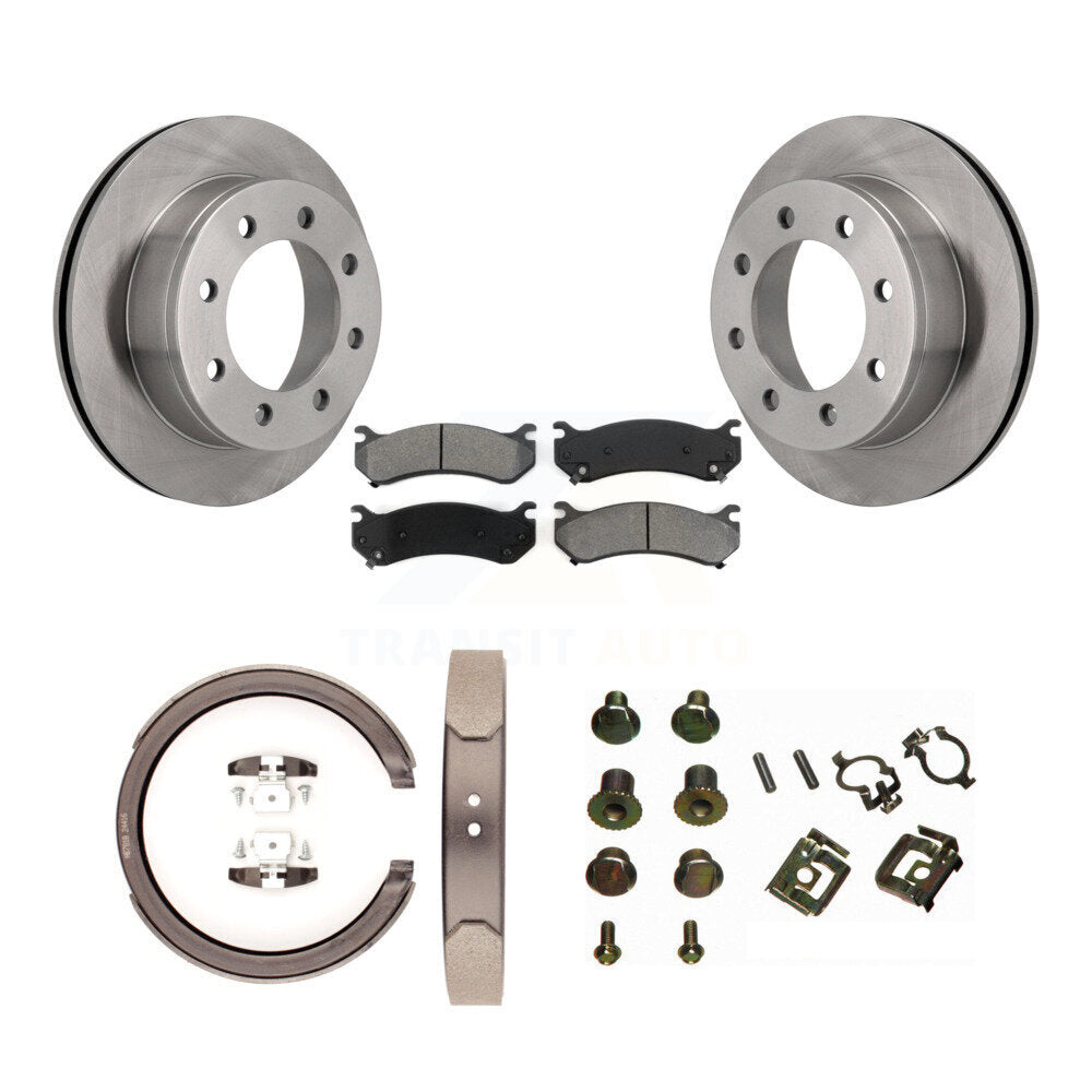 Rear Disc Rotors Semi-Metallic Pads Parking Brake Shoes Hardware Kit For GMC Sierra 2500 K8S-105150
