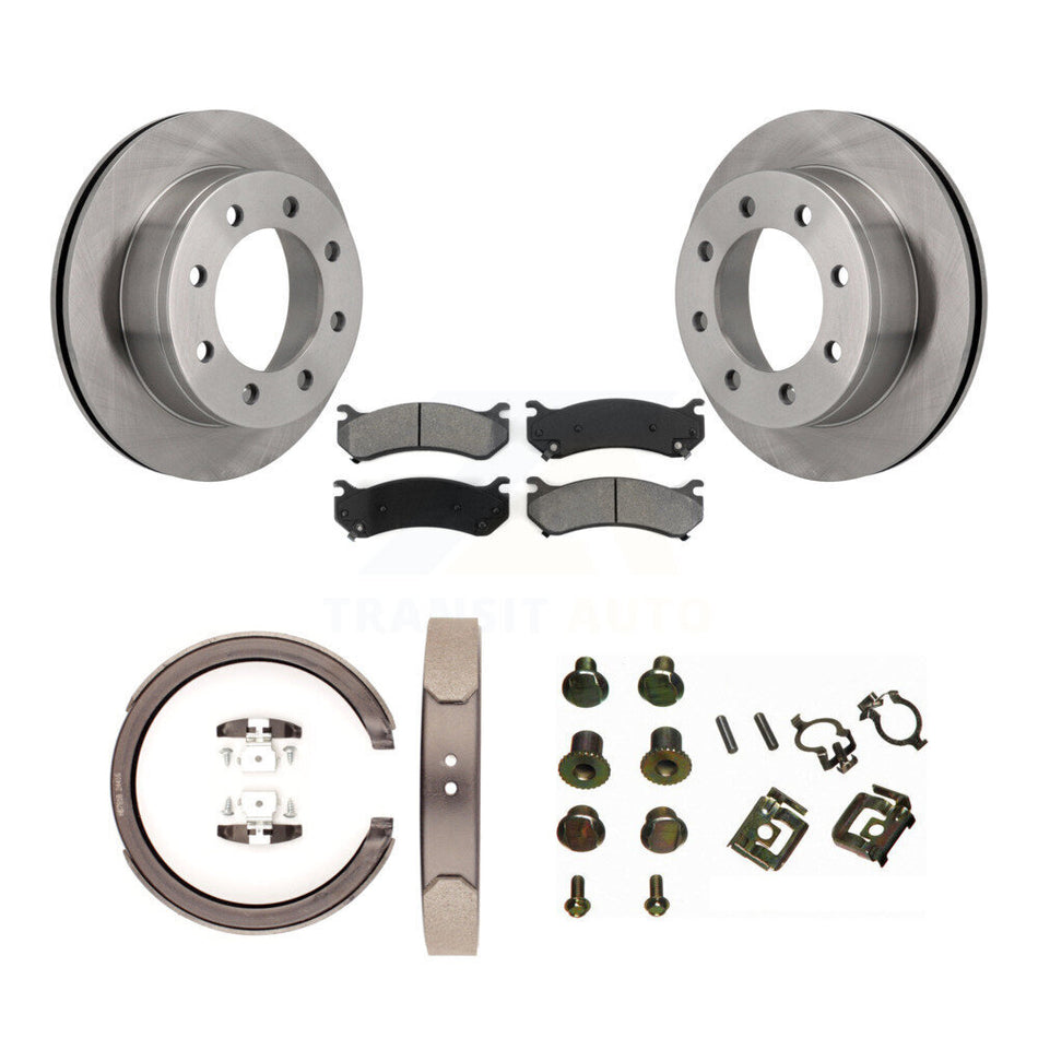 Rear Disc Rotors Semi-Metallic Pads Parking Brake Shoes Hardware Kit For GMC Sierra 2500 K8S-105150
