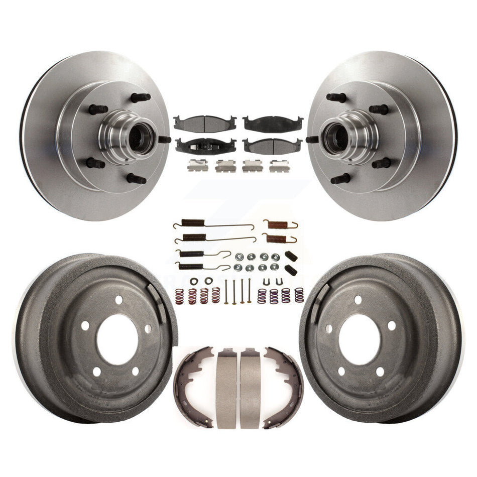 Front Rear Disc Brake Rotors Hub Assembly Ceramic Pads And Drum Kit (7Pc) For 1997-1999 Ford E-150 Econoline 2-Wheel ABS K8T-102542