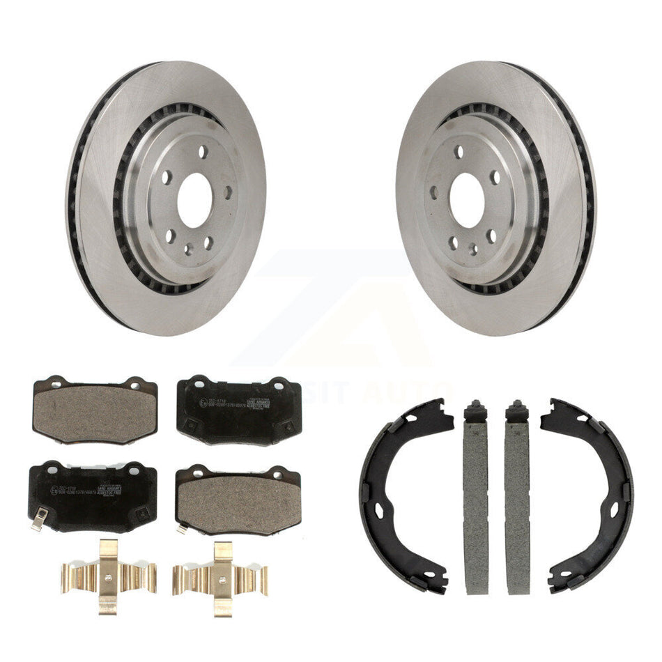 Rear Disc Rotors Ceramic Pads & Parking Brake Shoes Kit For Chevrolet Camaro Cadillac ATS K8T-105400