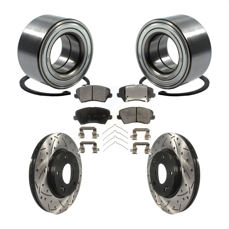 Front Wheel Bearing With Coated Drilled Slotted Disc Brake Rotors And Semi-Metallic Pads Kit For Kia Forte Hyundai Veloster Elantra GT Forte5 KBB-101032