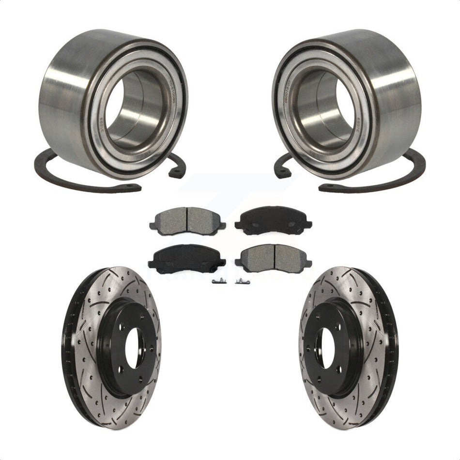 Front Wheel Bearing With Coated Drilled Slotted Disc Brake Rotors And Semi-Metallic Pads Kit For Dodge Caliber Mitsubishi Lancer KBB-101111