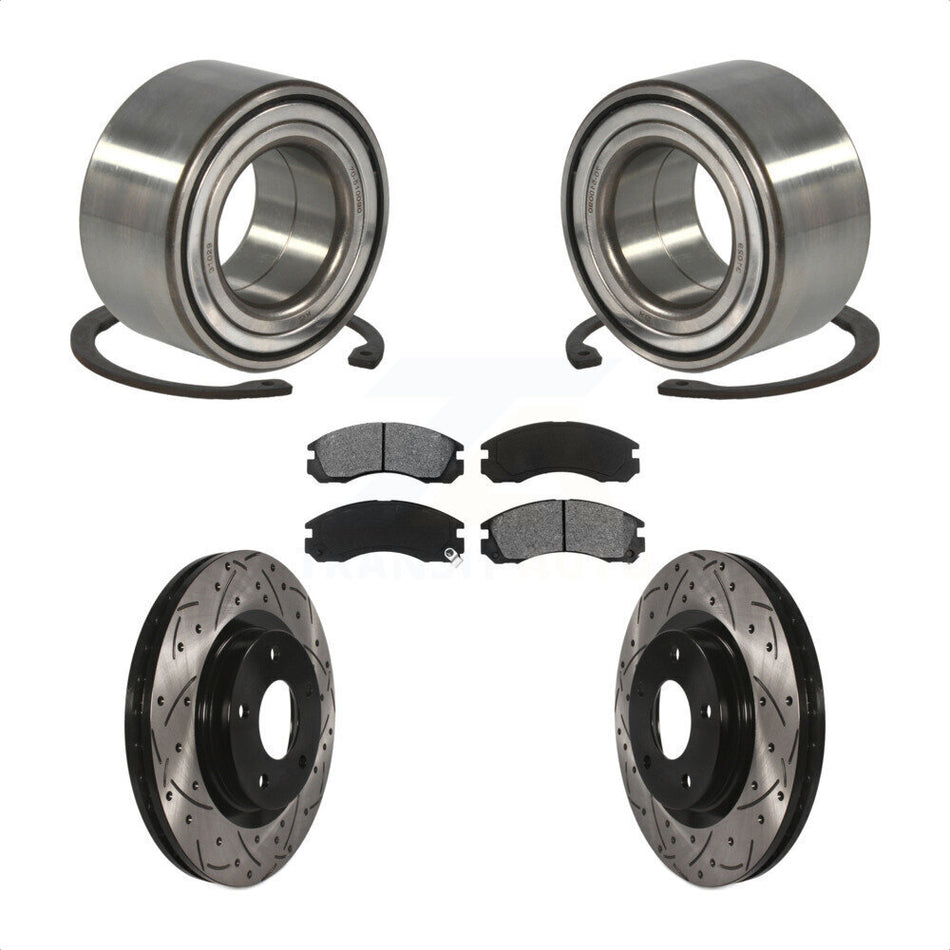 Front Wheel Bearing With Coated Drilled Slotted Disc Brake Rotors And Semi-Metallic Pads Kit For 2017 Mitsubishi Lancer FWD 294mm Diameter Rotor KBB-101112