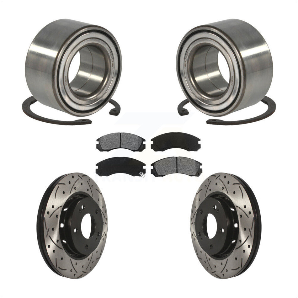 Front Wheel Bearing With Coated Drilled Slotted Disc Brake Rotors And Semi-Metallic Pads Kit For 2009 Mitsubishi Lancer Ralliart with AWD From 04 09 KBB-101114