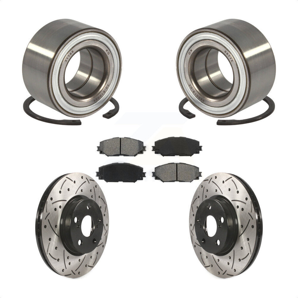 Front Wheel Bearing With Coated Drilled Slotted Disc Brake Rotors And Semi-Metallic Pads Kit For 2008-2014 Scion xD KBB-101125