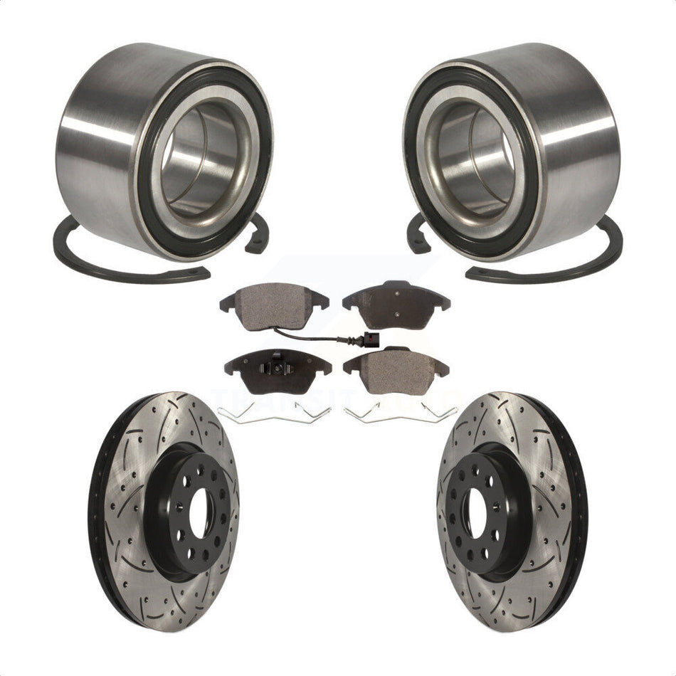 Front Wheel Bearing With Coated Drilled Slotted Disc Brake Rotors And Ceramic Pads Kit For 2005 Volkswagen Jetta 7th 8th Digit Of VIN Is "1K" 312mm Diameter Rotor KBB-101160