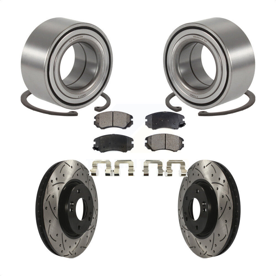 Front Wheel Bearing With Coated Drilled Slotted Disc Brake Rotors And Ceramic Pads Kit For 2006-2010 Hyundai Sonata 3.3L KBB-101164