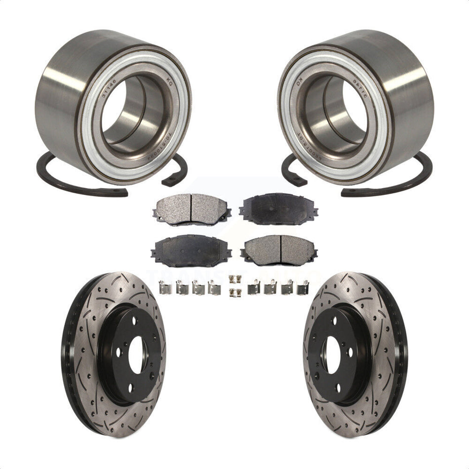 Front Wheel Bearing With Coated Drilled Slotted Disc Brake Rotors And Ceramic Pads Kit For 2017-2018 Toyota Prius V KBB-101217