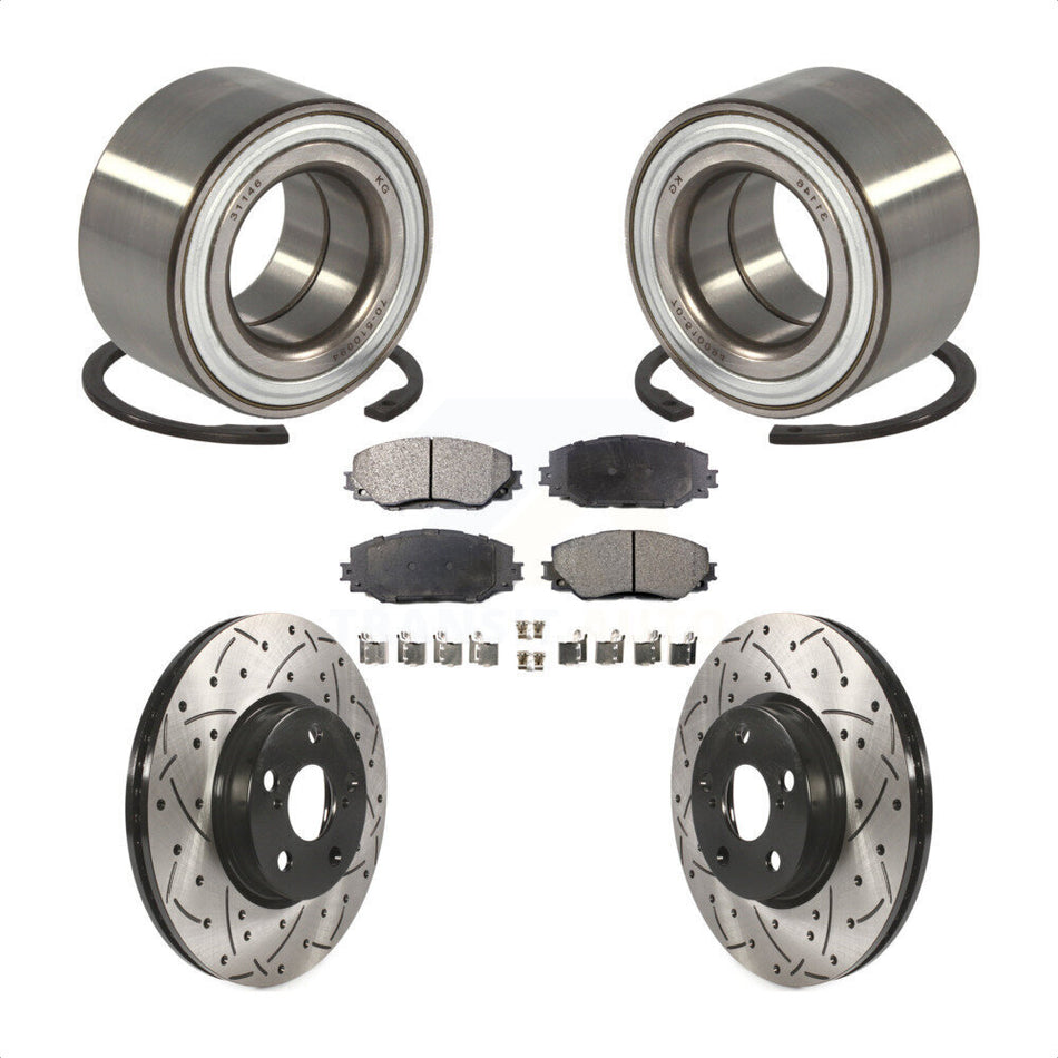 Front Wheel Bearing With Coated Drilled Slotted Disc Brake Rotors And Ceramic Pads Kit For 2008-2014 Scion xD KBB-101218