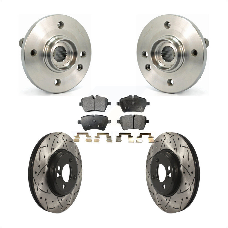 Front Hub Bearing Assembly With Coated Drilled Slotted Disc Brake Rotors And Semi-Metallic Pads Kit For 2002-2006 Mini Cooper 294mm Diameter Rotor 4 Lug Wheels KBB-102878