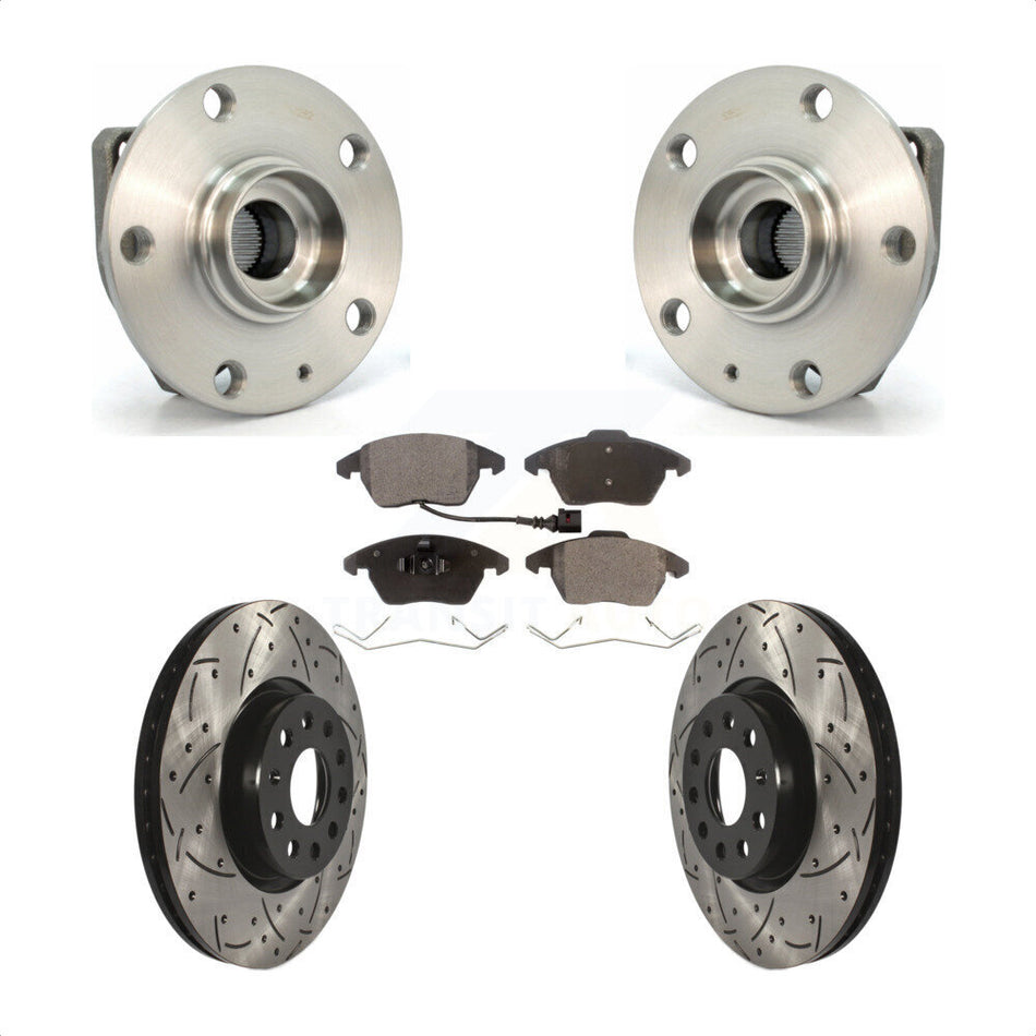 Front Hub Bearing Assembly With Coated Drilled Slotted Disc Brake Rotors And Semi-Metallic Pads Kit For Volkswagen GTI Eos Audi A3 KBB-102893