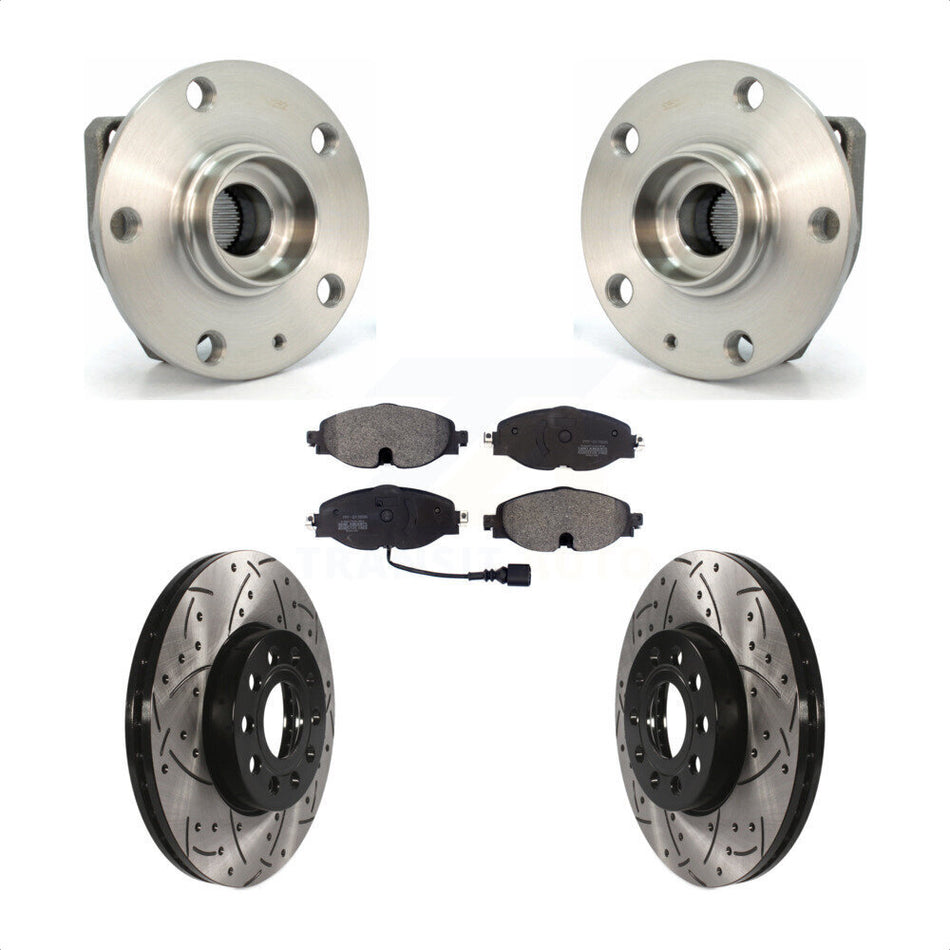 Front Hub Bearing Assembly With Coated Drilled Slotted Disc Brake Rotors And Semi-Metallic Pads Kit For Volkswagen Golf SportWagen e-Golf KBB-102896