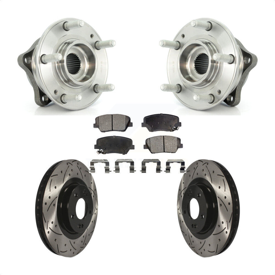 Front Hub Bearing Assembly With Coated Drilled Slotted Disc Brake Rotors And Semi-Metallic Pads Kit For Kia Sorento Hyundai Santa Fe Sport KBB-102901