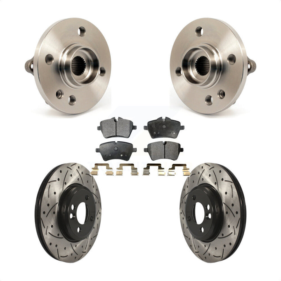 Front Hub Bearing Assembly With Coated Drilled Slotted Disc Brake Rotors And Semi-Metallic Pads Kit For Mini Cooper 294mm Diameter Rotor 4 Lug Wheels KBB-102942