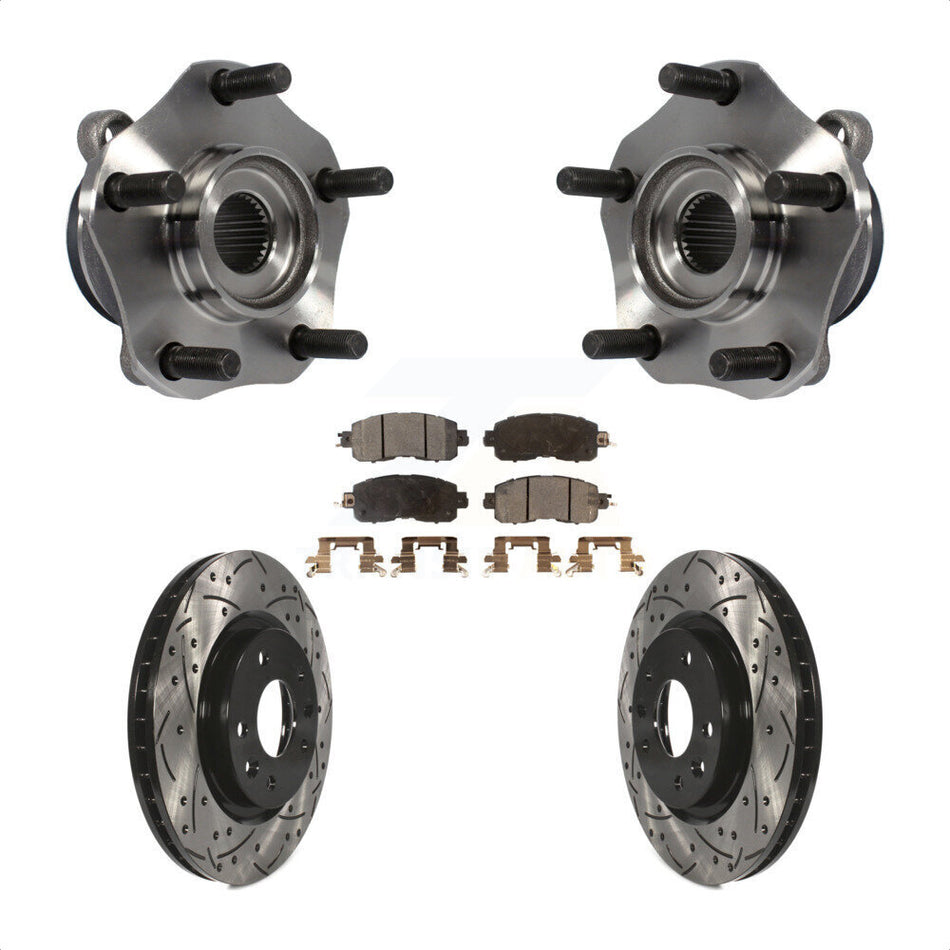 Front Hub Bearing Assembly With Coated Drilled Slotted Disc Brake Rotors And Semi-Metallic Pads Kit For Nissan LEAF KBB-102982