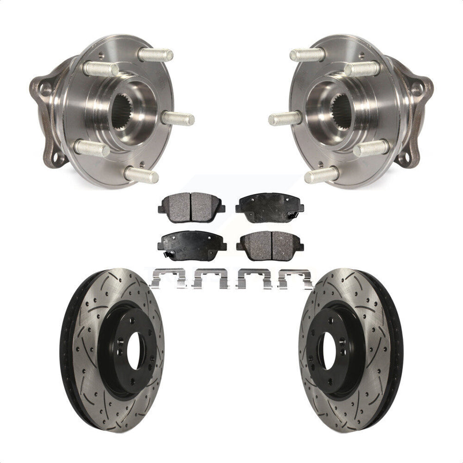 Front Hub Bearing Assembly With Coated Drilled Slotted Disc Brake Rotors And Semi-Metallic Pads Kit For 2015 Hyundai Sonata FULL HYBRID EV-GAS (FHEV) engine KBB-102983