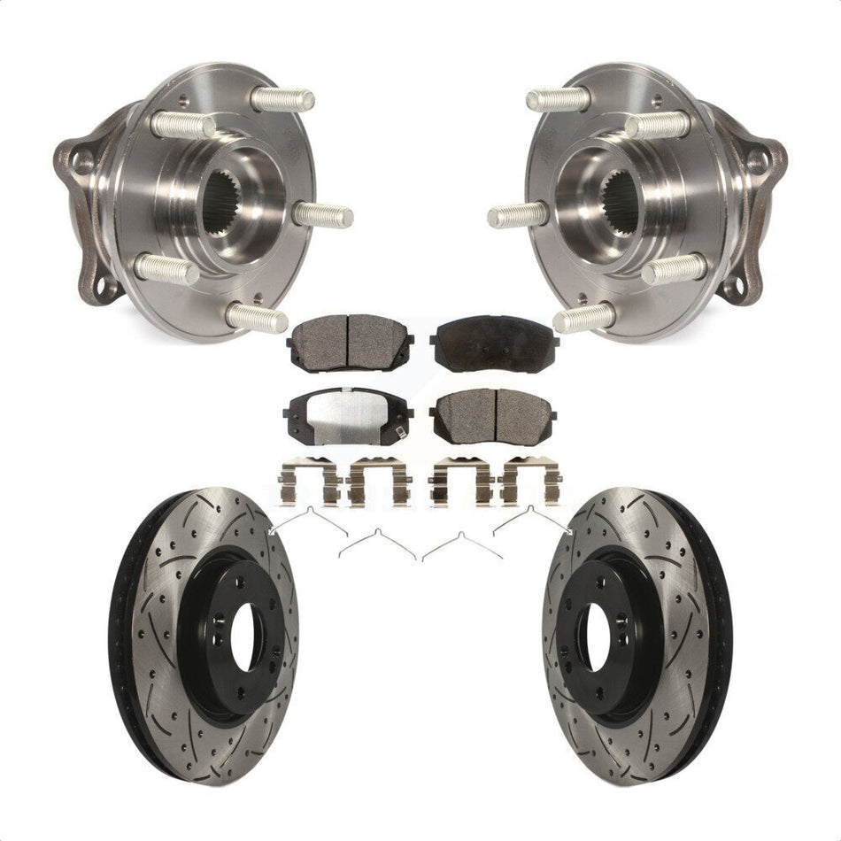 Front Hub Bearing Assembly With Coated Drilled Slotted Disc Brake Rotors And Semi-Metallic Pads Kit For 2016 Hyundai Sonata FULL HYBRID EV-GAS (FHEV) engine KBB-102984