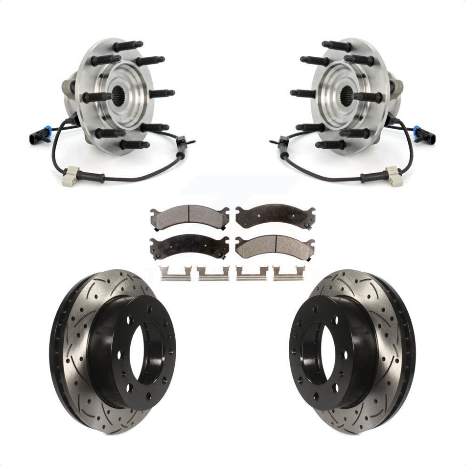 Front Hub Bearing Assembly Coated Drilled Slotted Disc Brake Rotor Pads Kit For Chevrolet Silverado 2500 HD GMC Sierra Hummer H2 Classic 1500 3500 Suburban Yukon XL Avalanche KBB-102988
