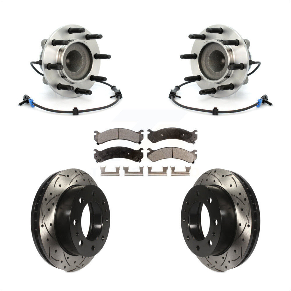 Front Hub Bearing Assembly With Coated Drilled Slotted Disc Brake Rotors And Semi-Metallic Pads Kit For Chevrolet Express 2500 3500 GMC Savana KBB-102990
