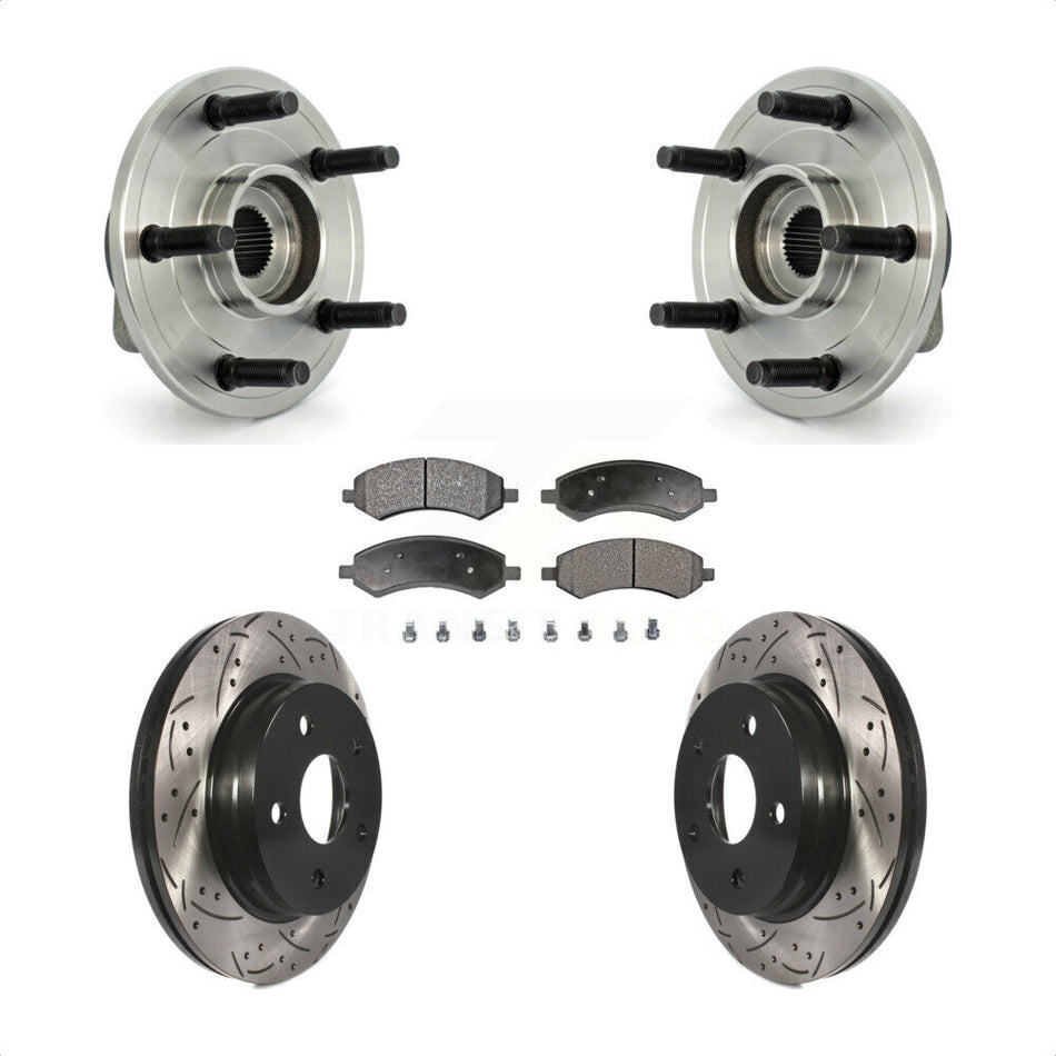Front Hub Bearing Assembly With Coated Drilled Slotted Disc Brake Rotors And Semi-Metallic Pads Kit For Dodge Ram 1500 5 Lug Wheels KBB-102991