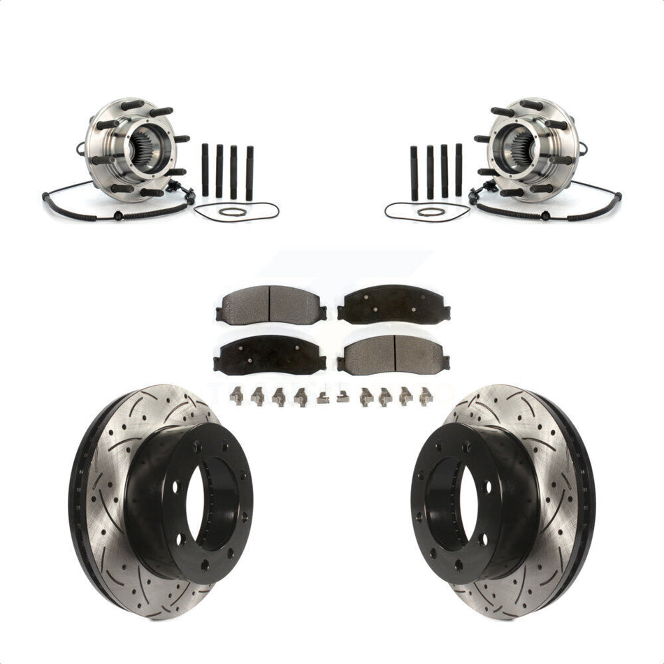 Front Hub Bearing Assembly With Coated Drilled Slotted Disc Brake Rotors And Semi-Metallic Pads Kit For 2010 Ford F-250 Super Duty 4WD Single Rear Wheels KBB-102996