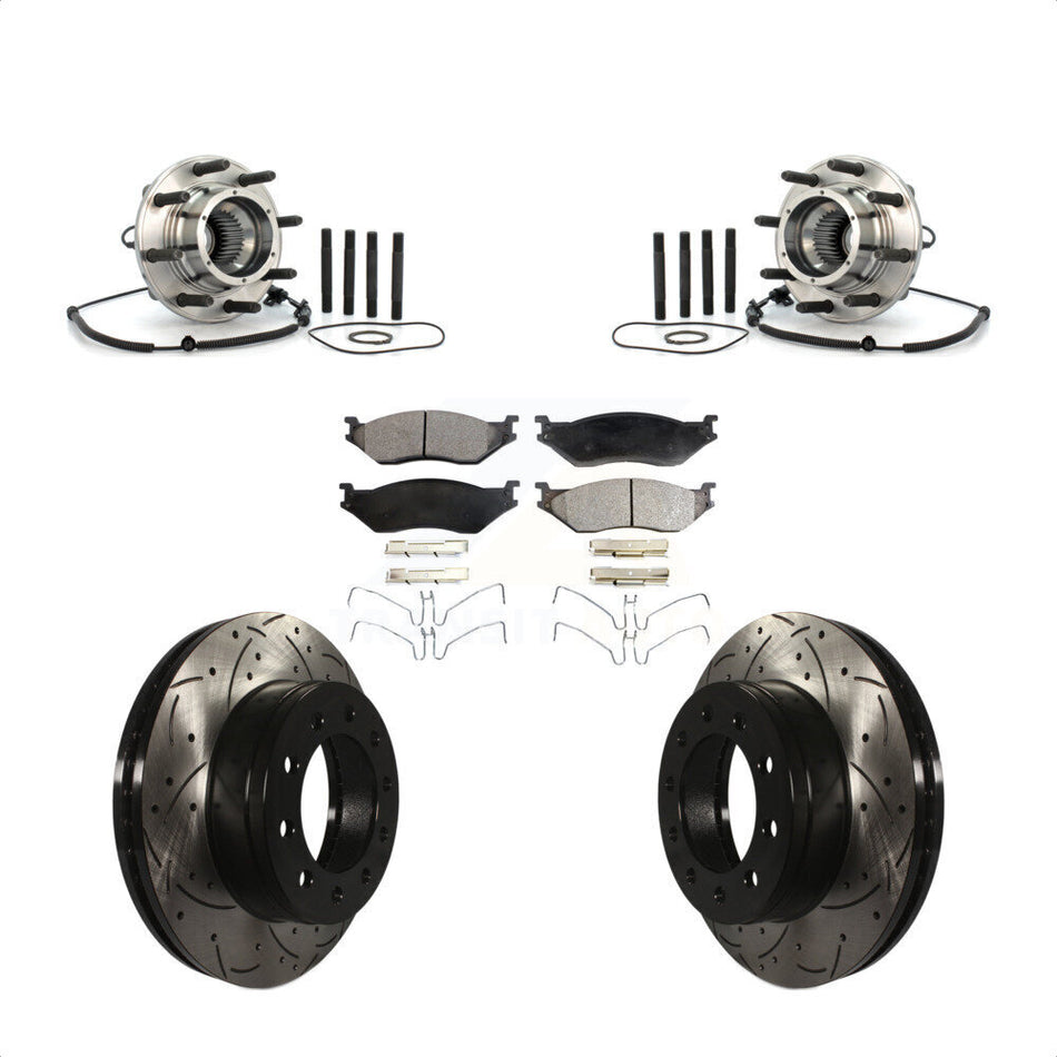 Front Hub Bearing Assembly With Coated Drilled Slotted Disc Brake Rotors And Semi-Metallic Pads Kit For 2010 Ford F-550 Super Duty 4 X Single Rear Wheels KBB-102997