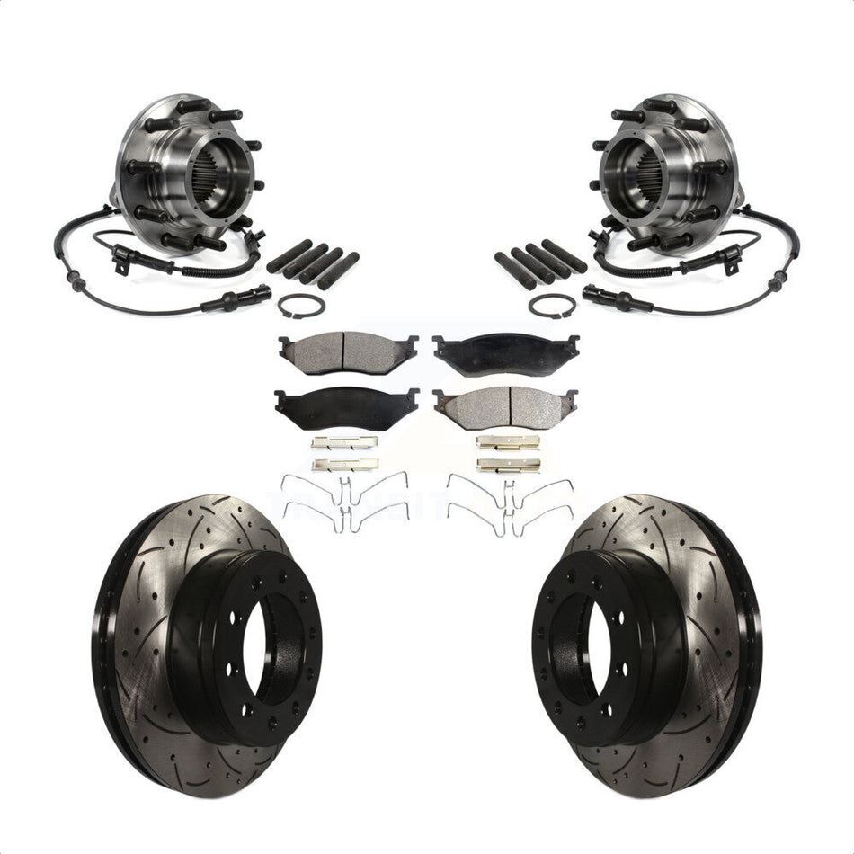 Front Hub Bearing Assembly With Coated Drilled Slotted Disc Brake Rotors And Semi-Metallic Pads Kit For 2005-2010 Ford F-550 Super Duty 4 X Dual Rear Wheels KBB-102999