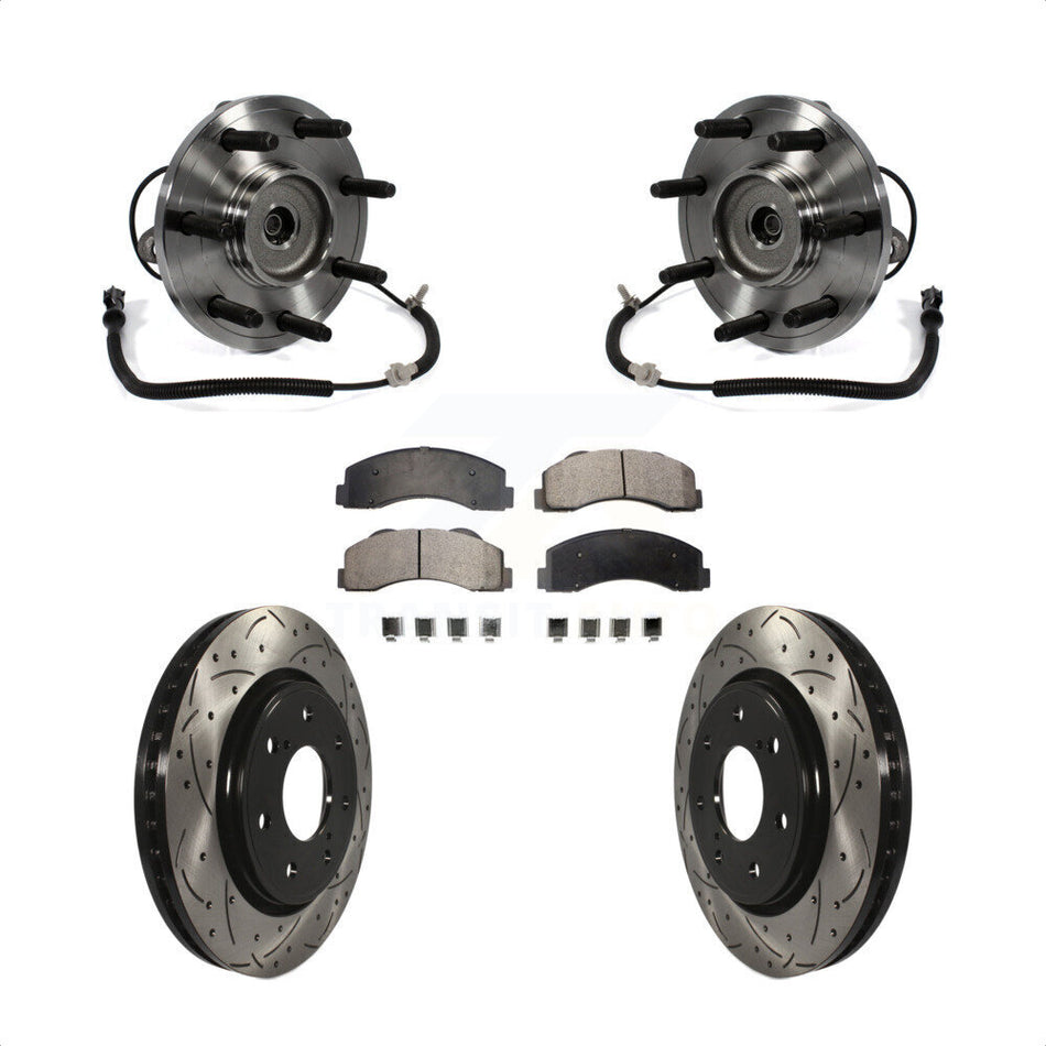 Front Hub Bearing Assembly With Coated Drilled Slotted Disc Brake Rotors And Semi-Metallic Pads Kit For Ford F-150 Heavy Duty Payload Package 7 Lug Wheels KBB-103017