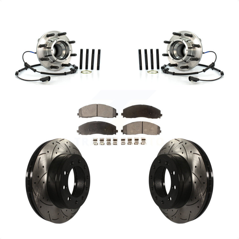Front Hub Bearing Assembly With Coated Drilled Slotted Disc Brake Rotors And Semi-Metallic Pads Kit For 2013 Ford F-250 Super Duty 4WD Wide Frame Vehicle KBB-103024