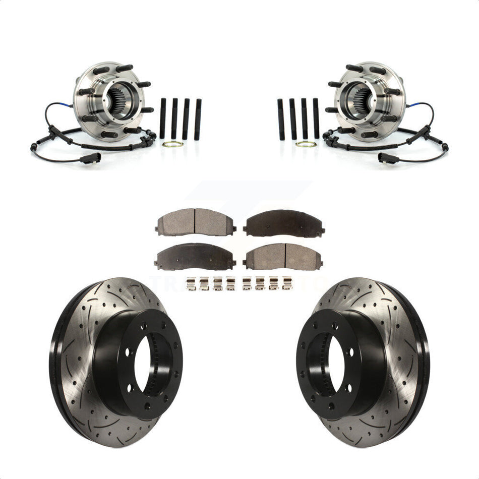 Front Hub Bearing Assembly With Coated Drilled Slotted Disc Brake Rotors And Semi-Metallic Pads Kit For Ford F-250 Super Duty F-350 4WD KBB-103025