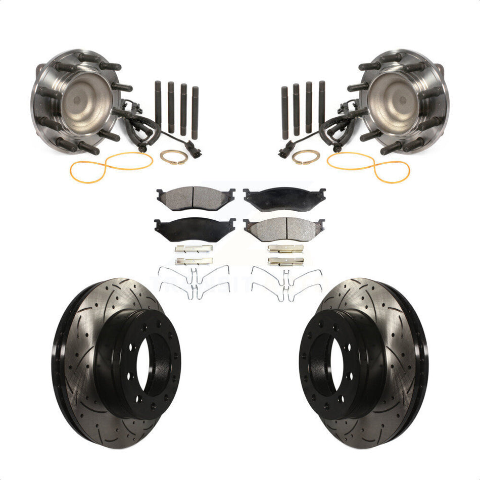 Front Hub Bearing Assembly With Coated Drilled Slotted Disc Brake Rotors And Semi-Metallic Pads Kit For 2011-2016 Ford F-450 Super Duty F-550 4 X 2 KBB-103027