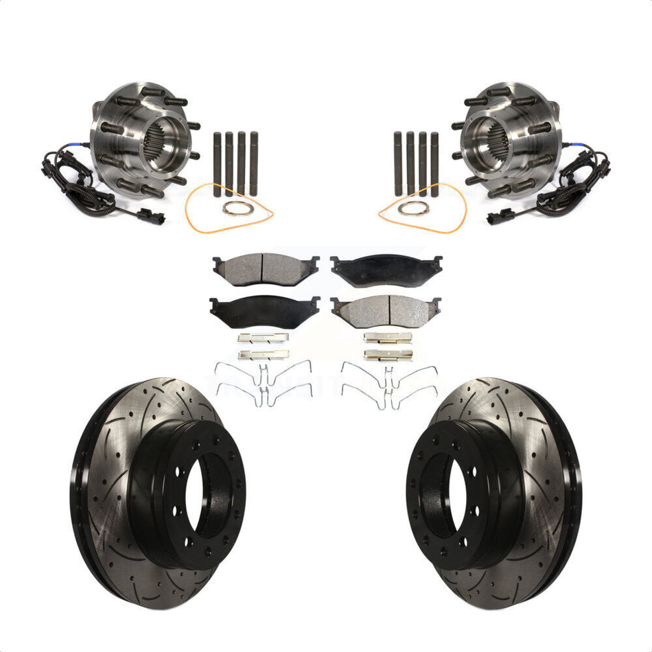Front Hub Bearing Assembly With Coated Drilled Slotted Disc Brake Rotors And Semi-Metallic Pads Kit For 2011-2016 Ford F-450 Super Duty F-550 4 X KBB-103028
