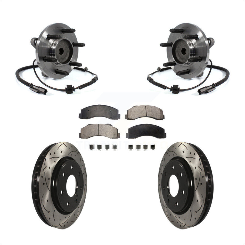Front Hub Bearing Assembly With Coated Drilled Slotted Disc Brake Rotors And Semi-Metallic Pads Kit For 2011-2014 Ford F-150 RWD 7 Lug Wheels KBB-103031