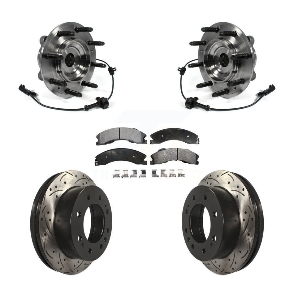 Front Hub Bearing Assembly With Coated Drilled Slotted Disc Brake Rotors And Semi-Metallic Pads Kit For Chevrolet Silverado 2500 HD GMC Sierra 3500 4WD KBB-103032